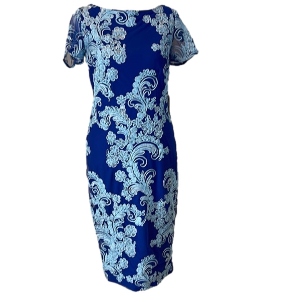 𝅺JS Collections Modele Blue On Blue Lace Appliqué Embroidered Dress, Size 2, Nwt